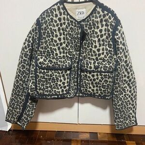 Zara Black and Cream Leopard Print Teddy Jacket